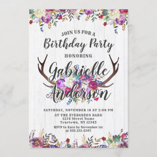 Floral Deer Antler Chic Birthday Party Invitation