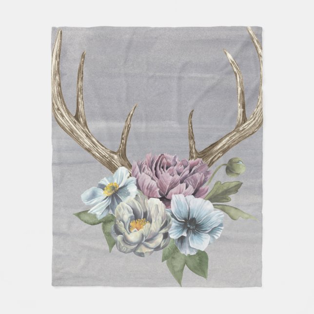 Floral Deer Antlers Fleece Blanket (Front)