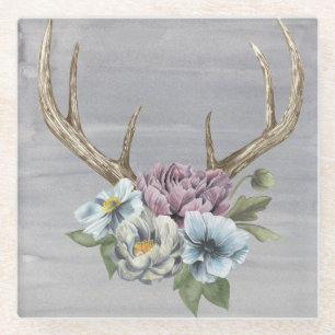 Floral Deer Antlers Glass Coaster