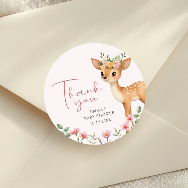 Floral Deer Baby Girl Shower Thank You Classic Round Sticker (Creator Uploaded)