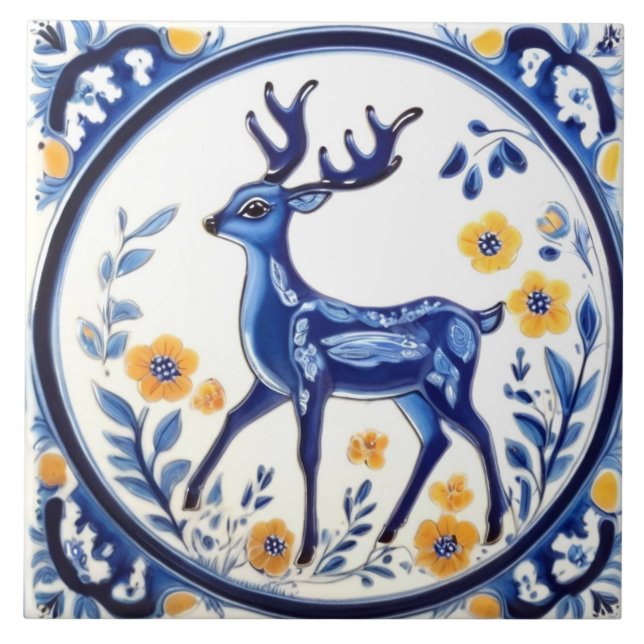Floral Deer Blue & White Woodland Folk Animal Art Tile (Front)