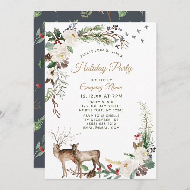 Floral Deer Corporate Holiday Christmas Party Invitation (Front/Back)
