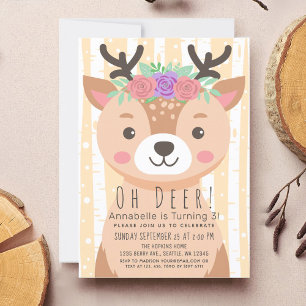 Floral Deer Cute Deer Kids Birthday  Invitation