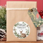 Floral Deer Elegant Modern Merry Christmas Classic Round Sticker<br><div class="desc">Floral Deer Elegant Watercolor Merry Christmas Holiday Card</div>