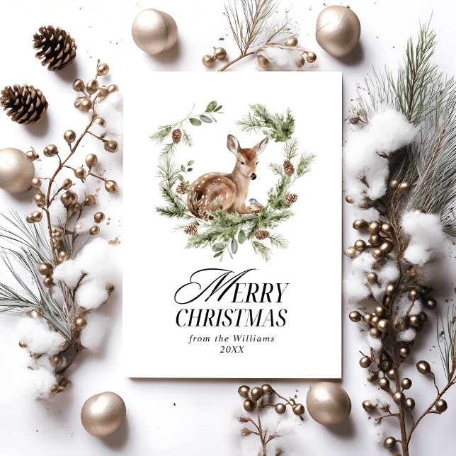 Floral Deer Elegant Modern Merry Christmas Holiday Card (Creator Uploaded)