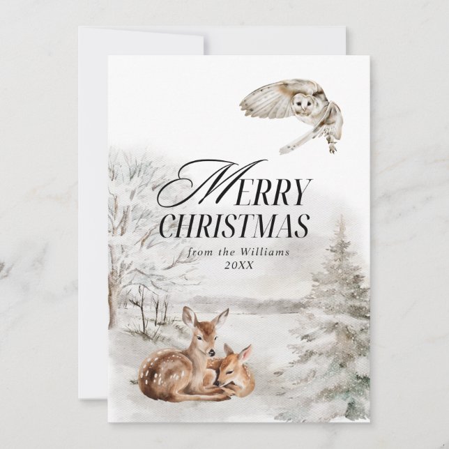 Floral Deer Elegant Watercolor Merry Christmas Holiday Card (Front)