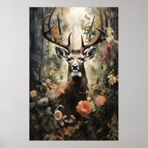 Floral Deer Forest Print, Dark Academia Poster
