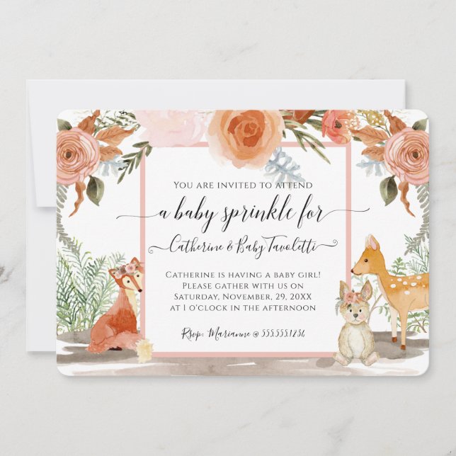 Floral Deer Fox Rabbit Woodland Baby Girl Shower Invitation (Front)