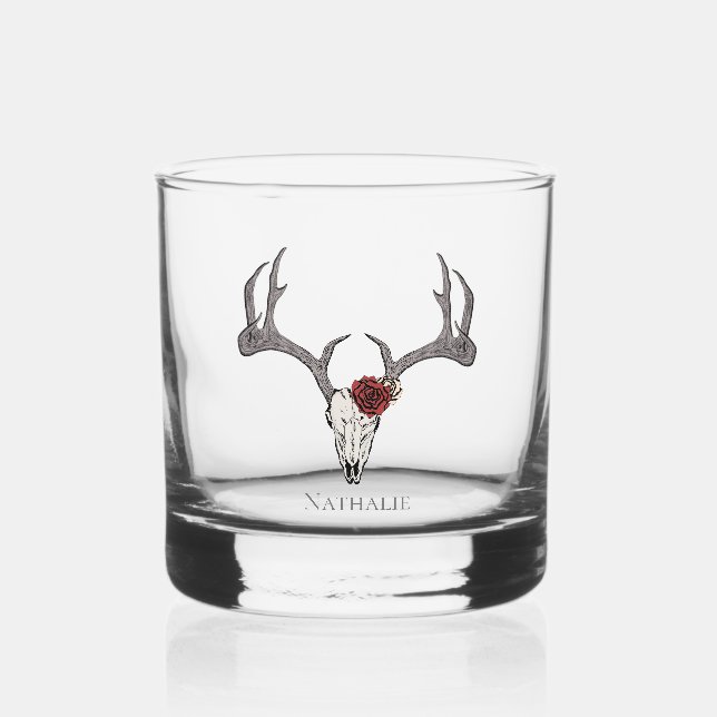 Floral Deer Head Skull and Roses Whiskey Glass (Front)