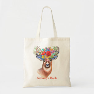 Floral Deer kids named library Tote Bag