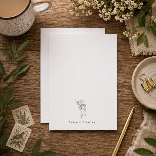 Floral Deer Minimal Personalised Note Card (Creator Uploaded)