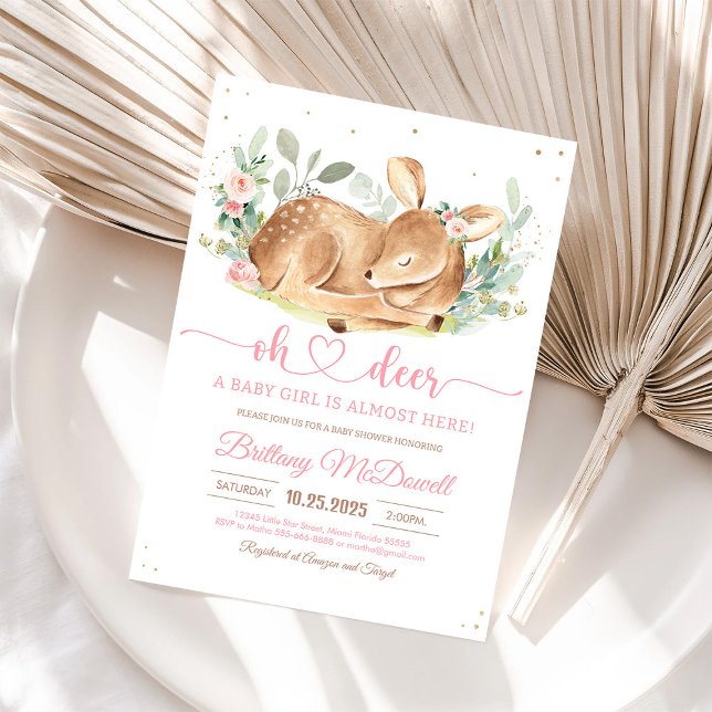 Floral Deer Oh Deer Girl Baby Shower Invitation (Creator Uploaded)