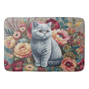 Floral Delight British shorthair Cat, Cute Kitten Bath Mat