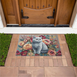 Floral Delight British shorthair Cat, Cute Kitten Doormat