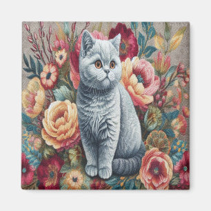 Floral Delight British shorthair Cat, Cute Kitten Magnet