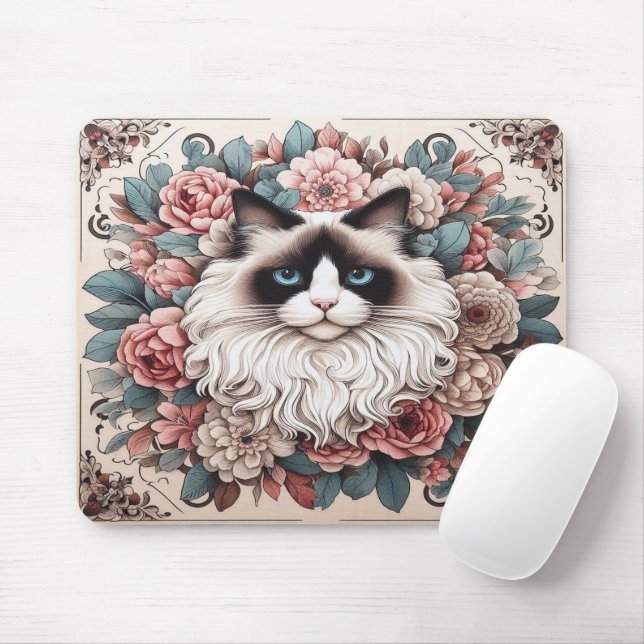 Floral Delight Ragdoll Cat, Cute Ragdoll Kitten Mouse Pad (With Mouse)