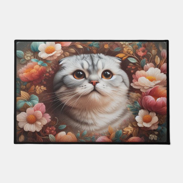Floral Delight Scottish Fold Cat, Scottish Fold Doormat (Front)