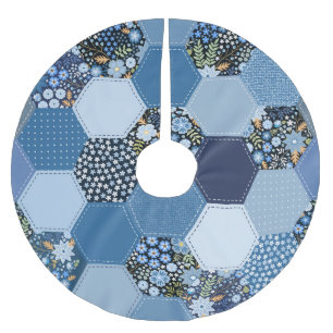 Floral, denim patchwork: blue pattern. brushed polyester tree skirt