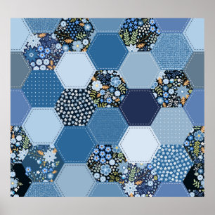 Floral, denim patchwork: blue pattern. poster