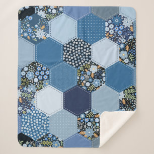Floral, denim patchwork: blue pattern. sherpa blanket