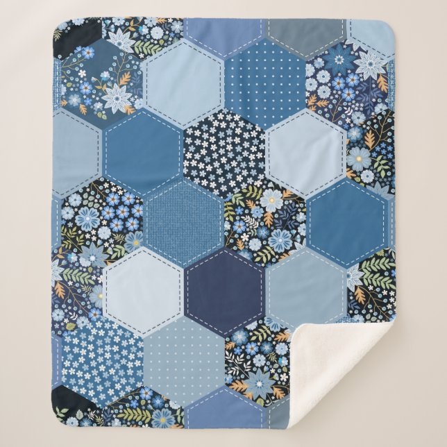 Floral, denim patchwork: blue pattern. sherpa blanket (Front)