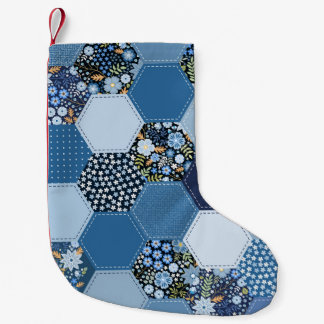 Floral, denim patchwork: blue pattern. small christmas stocking