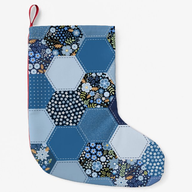 Floral, denim patchwork: blue pattern. small christmas stocking (Front)