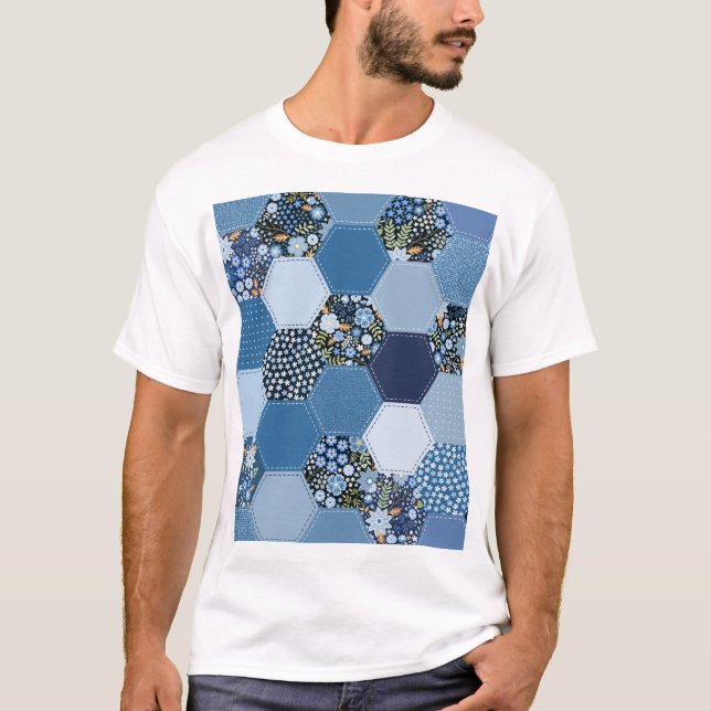 Floral, denim patchwork: blue pattern. T-Shirt (Front)