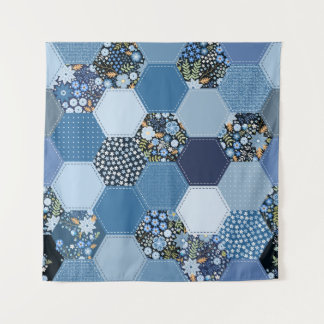 Floral, denim patchwork: blue pattern. tapestry