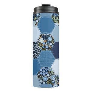 Floral, denim patchwork: blue pattern. thermal tumbler