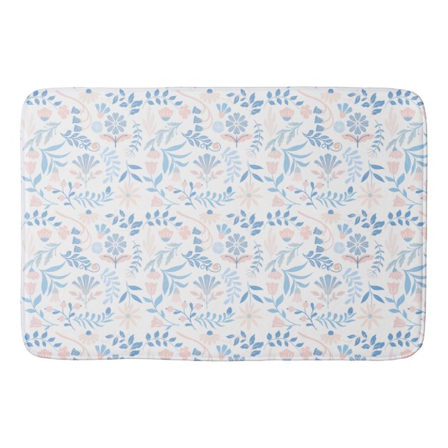 Floral design boho block print blue pink girly bath mat (Front)