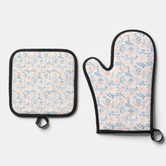 Floral design boho block print blue pink girly oven mitt & pot holder set
