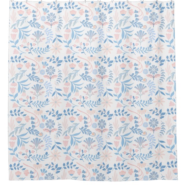 Floral design boho block print blue pink girly shower curtain (Front)