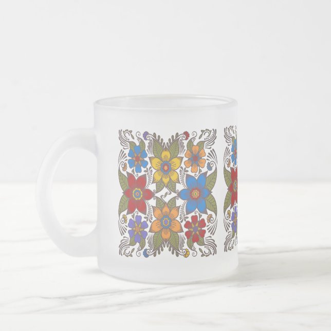Floral Design Frosted Glass Coffee Mug (Left)