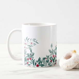 Floral design, green branches and red berries coffee mug