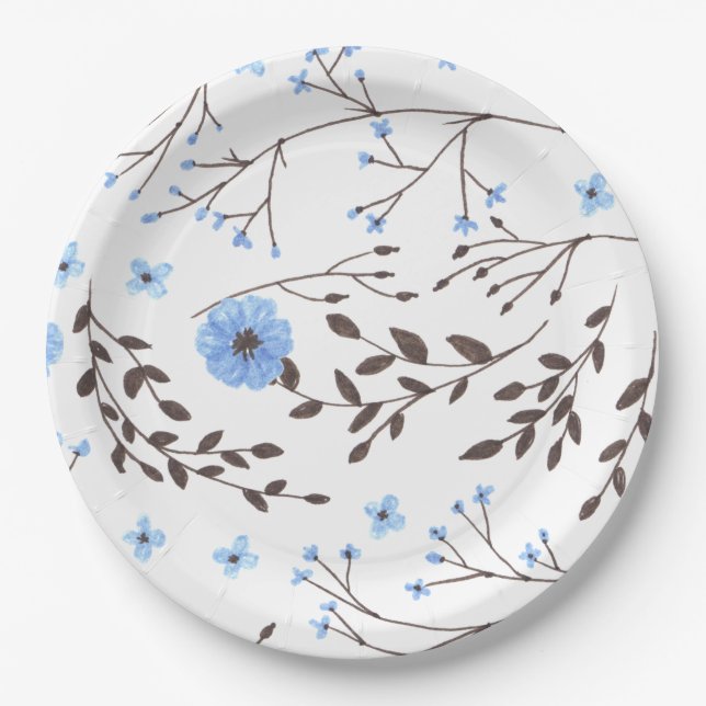 Floral design in blue and brown paper plate (Front)