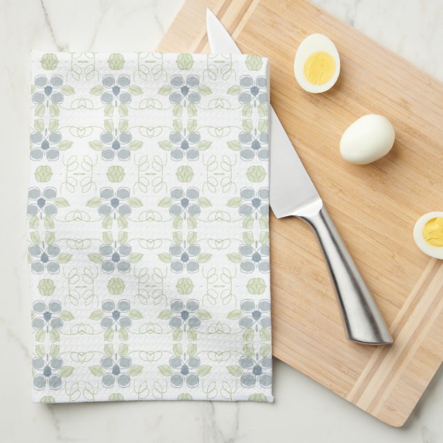 Floral Design In Blue White and Green Tea Towel (Quarter Fold)