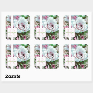 Floral Design   Pink Rose   Monogram  Square Sticker