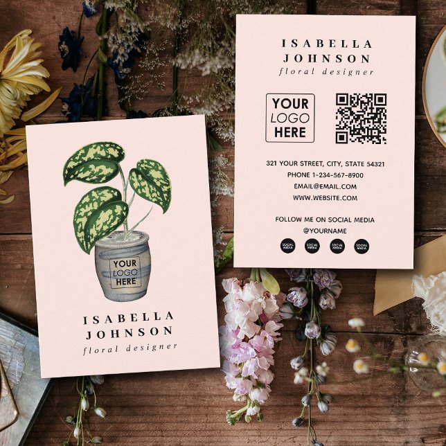 Floral Designer Logo Pink QR Code Social Media Business Card (Floral Designer Logo Pink QR Code Social Media Business Card)