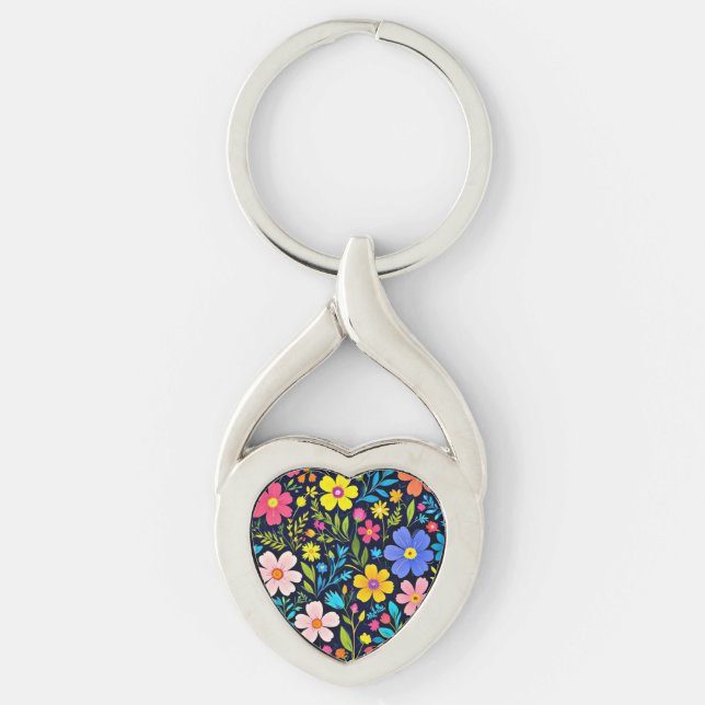 Floral Digital Painting Flowers Pattern Key Ring (Front)