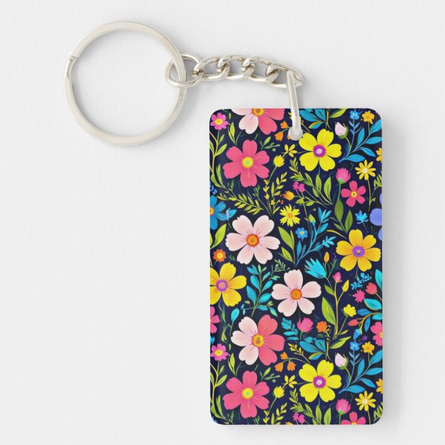 Floral Digital Painting Flowers Pattern Key Ring (Front)
