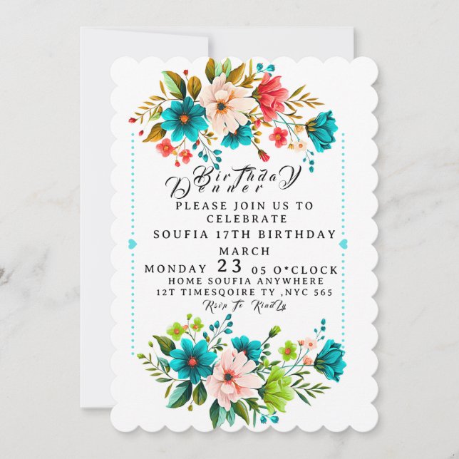 Floral Dinner Party Invitation Template, Editable  (Front)