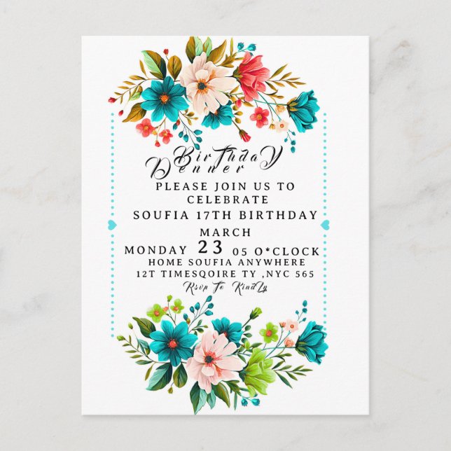 Floral Dinner Party Invitation Template, Editable  Postcard (Front)