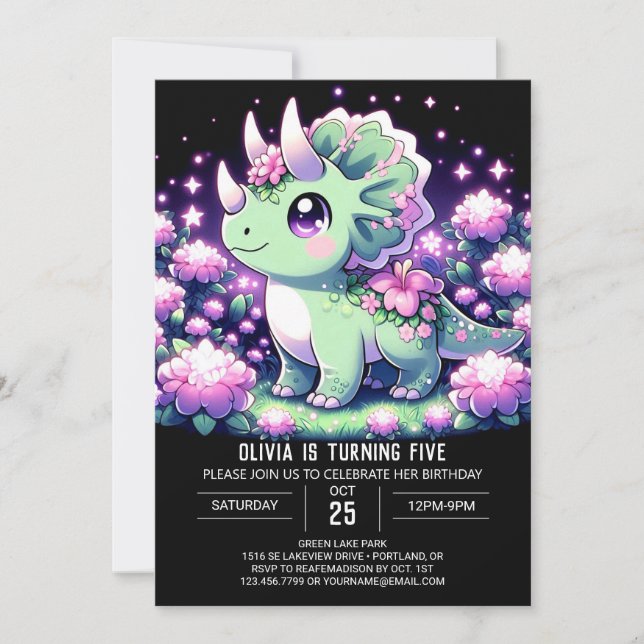 Floral Dino Dinosaur Digital Birthday  Invitation (Front)