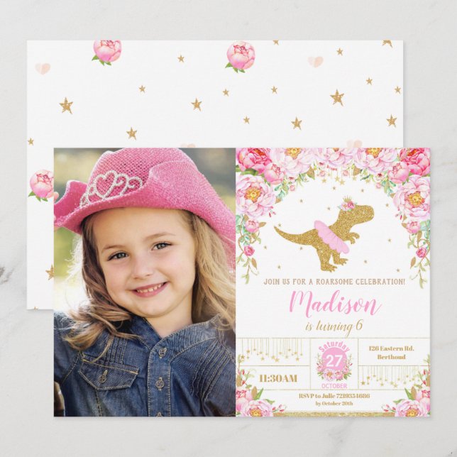 Floral Dinosaur Birthday Girl T-Rex Tutu Photo Invitation (Front/Back)