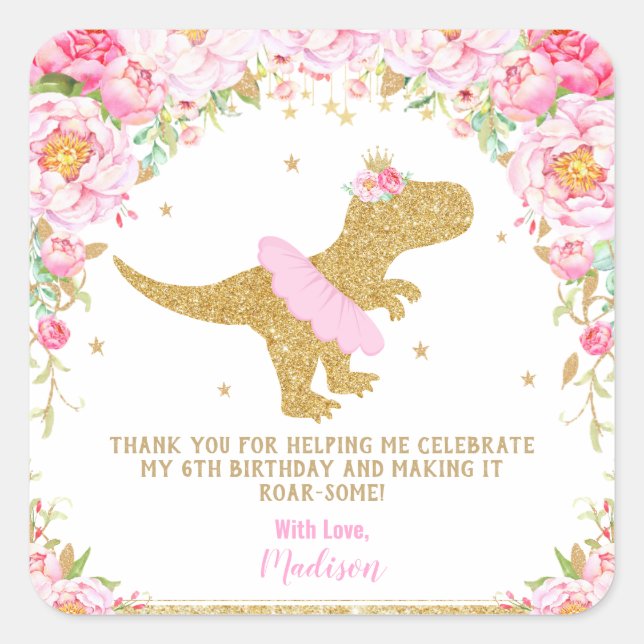 Floral Dinosaur Birthday Party Pink and Gold Favou Square Sticker (Front)