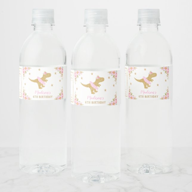 Floral Dinosaur Birthday Party Pink Tutu T-Rex Water Bottle Label (Bottles)