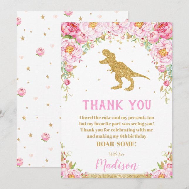 Floral Dinosaur Birthday Thank You Card Girl T-Rex (Front/Back)