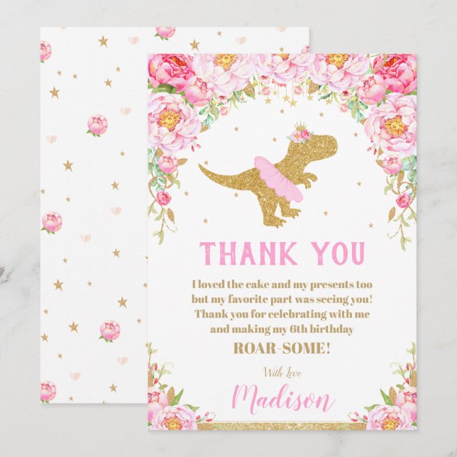Floral Dinosaur Birthday Thank You Card Girl T-Rex (Front/Back)