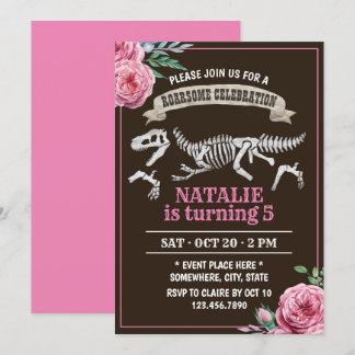 Floral Dinosaur Girl Birthday Party Invitation